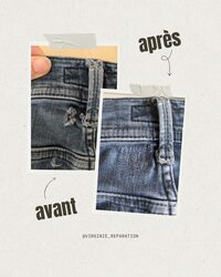 Image avant-après. Avant: un trou sur un jean, sous un passant de ceinture, de 1 à 2cm de diamètre. Après: le trou reprisé à la machine à coudre, avec un fil de même couleur.