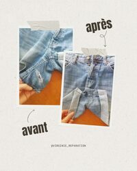 Image avant-après. Avant: une déchirure sur un short en jean, au niveau de l'ourlet, de plus de 5cm de long. Après: la déchirure reprisée de manière invisible.
