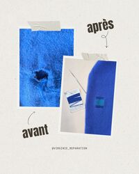 Image avant-après. Avant: un trou de 4cm sur le coude d'un pull en cachemire bleu. Après: le trou, remaillé, avec une alternance de rangs bleus et verts.