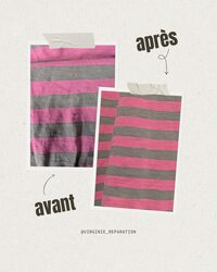 Image avant-après. Avant: un trou de 1cm sur le devant d'un tshirt à larges rayures roses et grises. Après: le trou, remaillé de manière invisible.